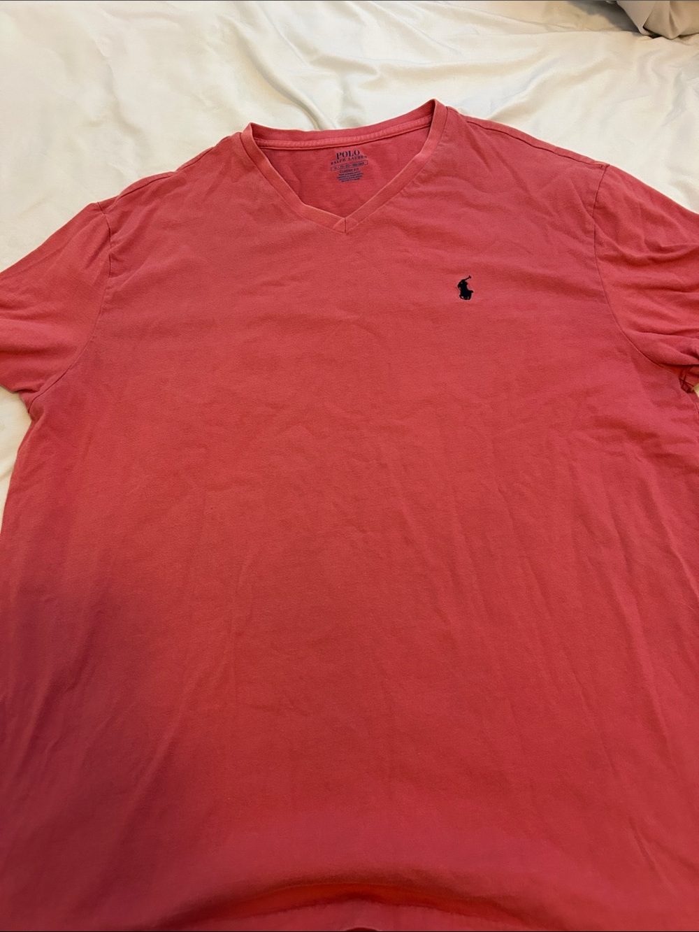 Polo by Ralph Lauren Men’s V-Neck Polo Shirt in Coral Pink with Navy Pony